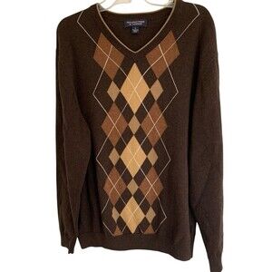 Vintage Mens Roundtree & Yorke Brown Argyle V-neck Cotton Sweater Sz Large